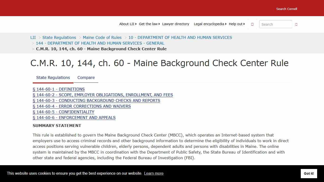 C.M.R. 10, 144, ch. 60 - Maine Background Check Center Rule | State Regulations | US Law | LII / Legal Information Institute